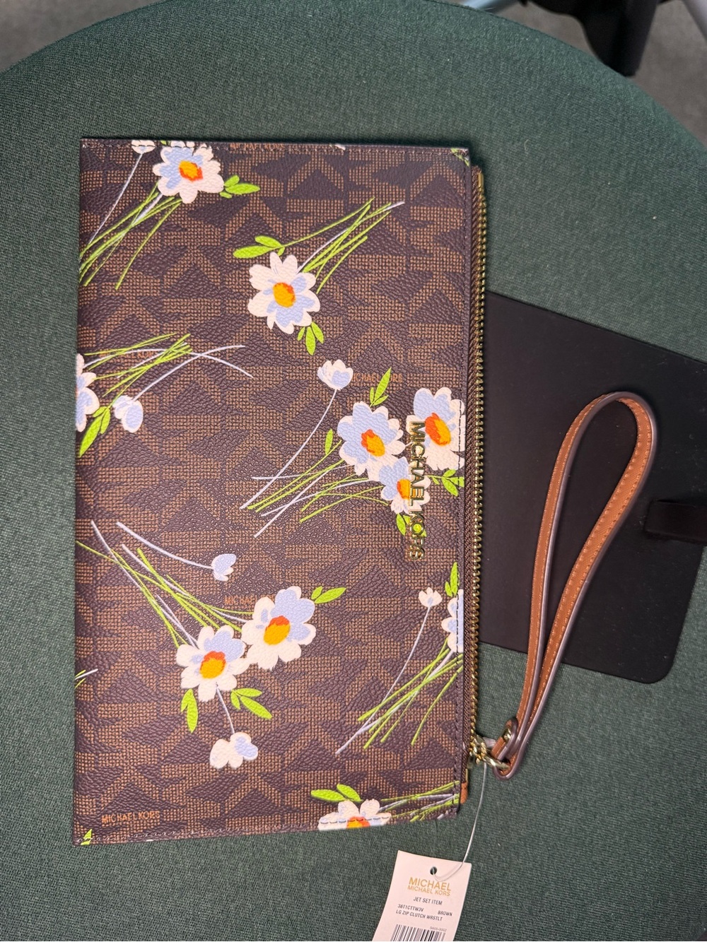 Michael Kors Brown Floral Zip Wristlet with White & Green Accents